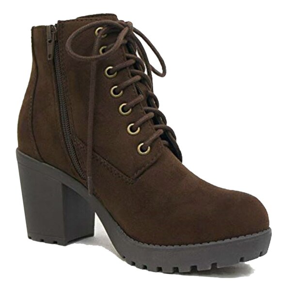 New Brown Lace Up Platform Chunky Heel Combat Ankle Boots - Picture 4 of 5